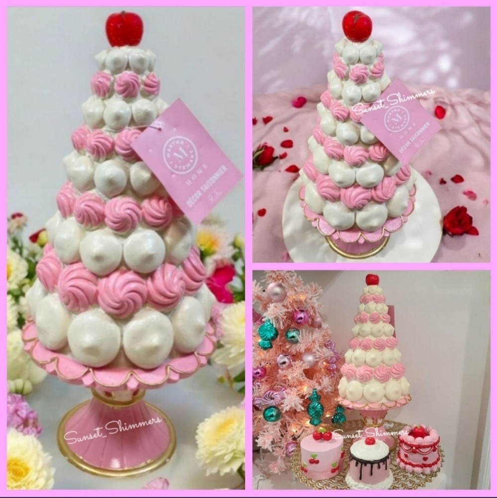 15" MARTHA STEWART Pink White Christmas Tree Cake w Cherry Pedestal Decor NEW - Picture 1 of 7